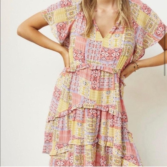 Anthropologie Robin Tiered Boho Patchwork Cottage Mini Dress XL - Picture 2 of 13